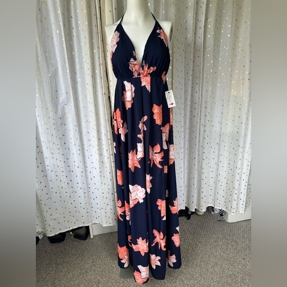 L'ATISTE By Amy Spaghetti Straps Floral Faux Wrap Plunging Backless Maxi Dress S - Picture 6 of 8